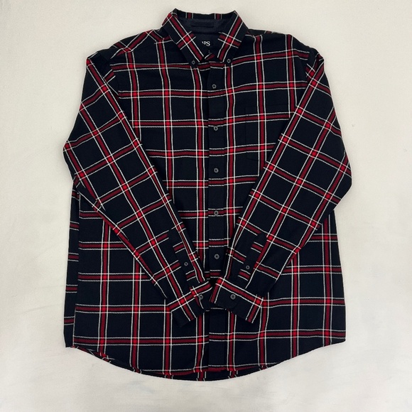 Chaps Mens Size XL Button Down Shirt Black Red Plaid Pockets Long Sleeve - Picture 1 of 8